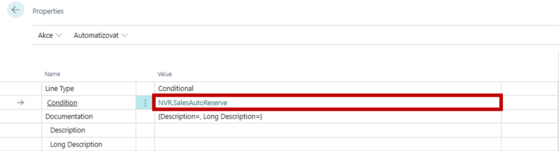 Výběř podmínky v okně Properties