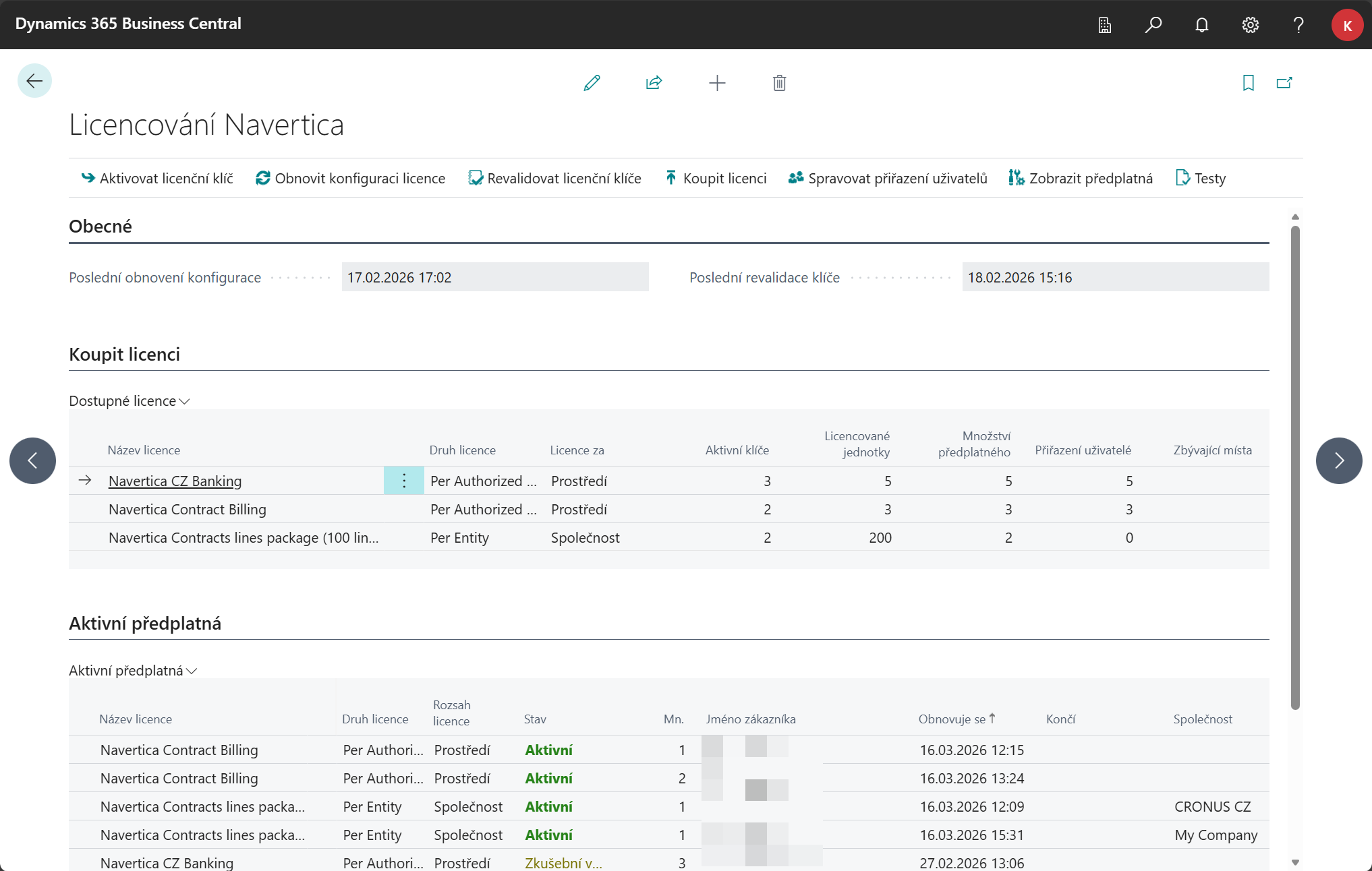 Stránka Licencování Navertica