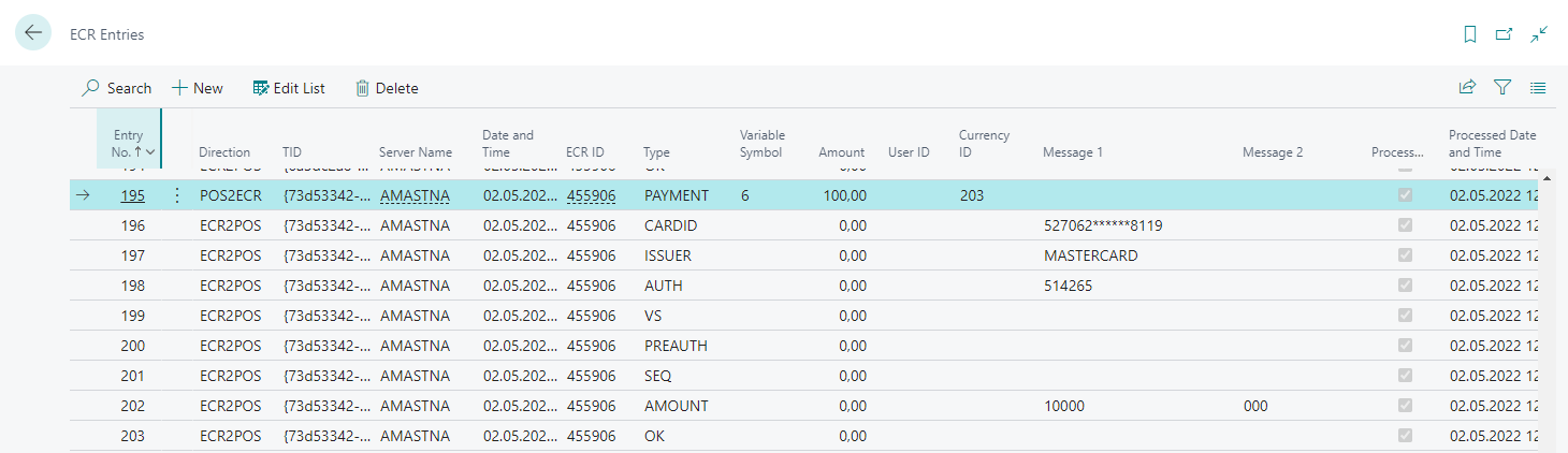 ECR Entries For Successful Payment