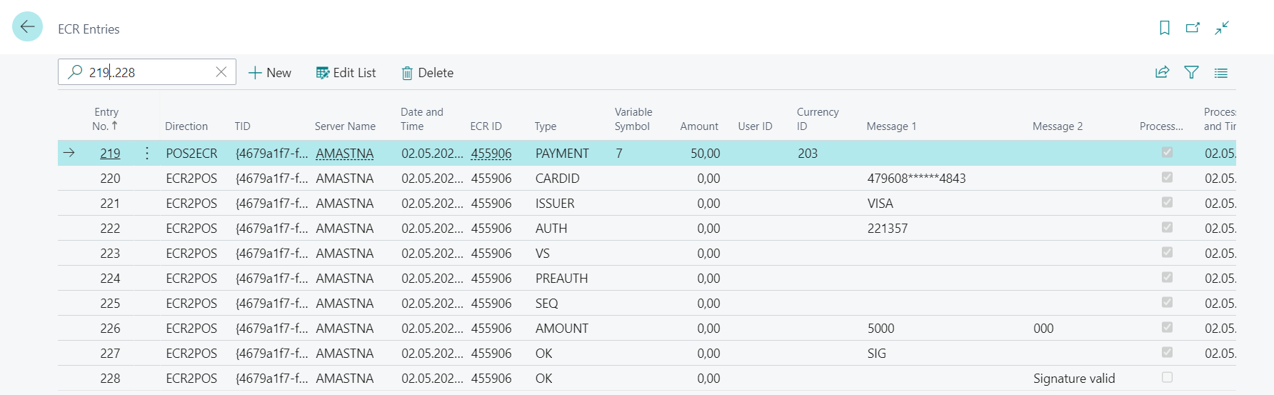 ECR Entries For Successful Payment with Signature
