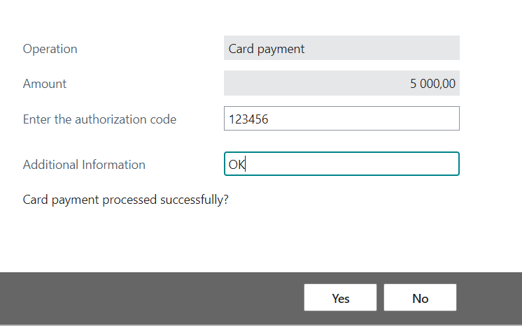 POS Payment Interface - dialogue for entering authorization code
