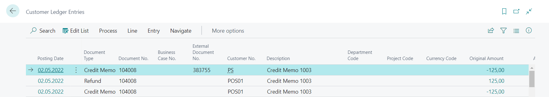 ECR Return - Customer Ledger Entries