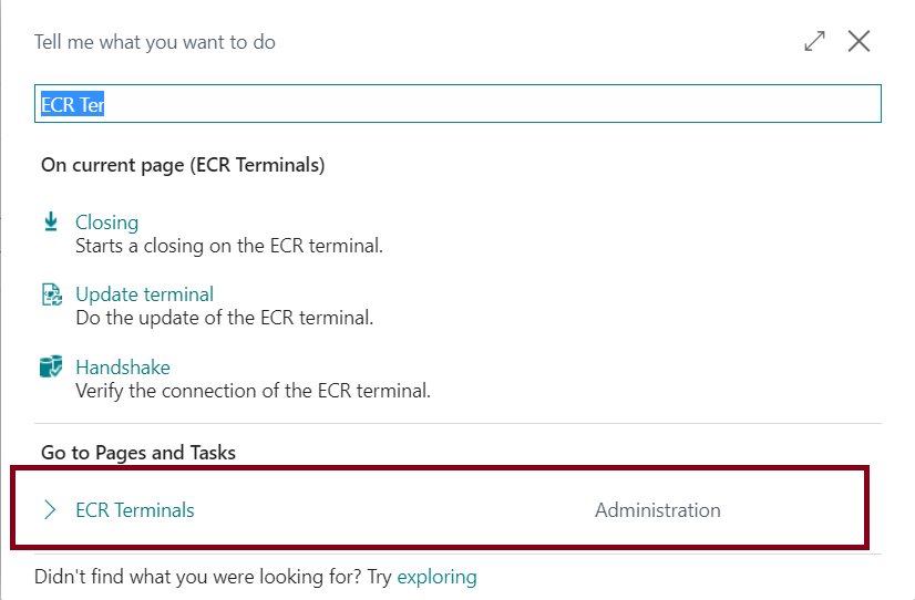 ECR Terminal Setup from the menu