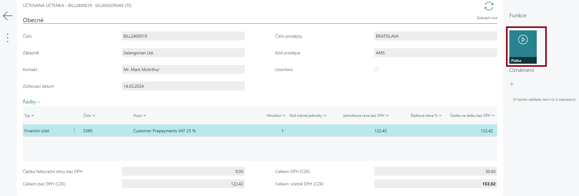 Paying Prepayment - Payment Action on Posted Bill
