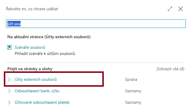 Vyhledání účtů externích souborů