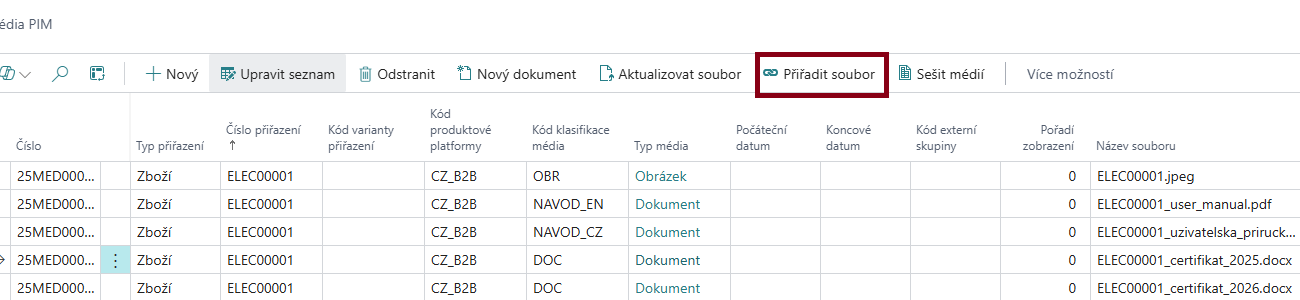 Akce Přiřadit soubor