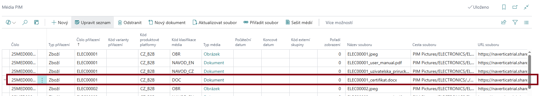 Nově vytvořený záznam médií