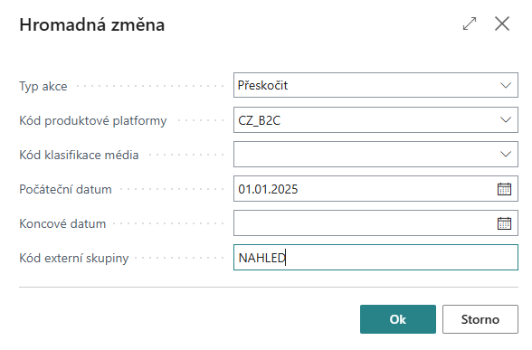 Dialog akce Hromadná změna