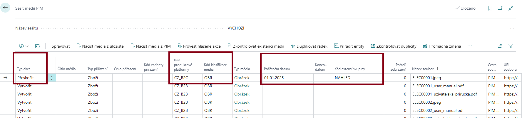 Výsledek hromadné změny údajů na řádku