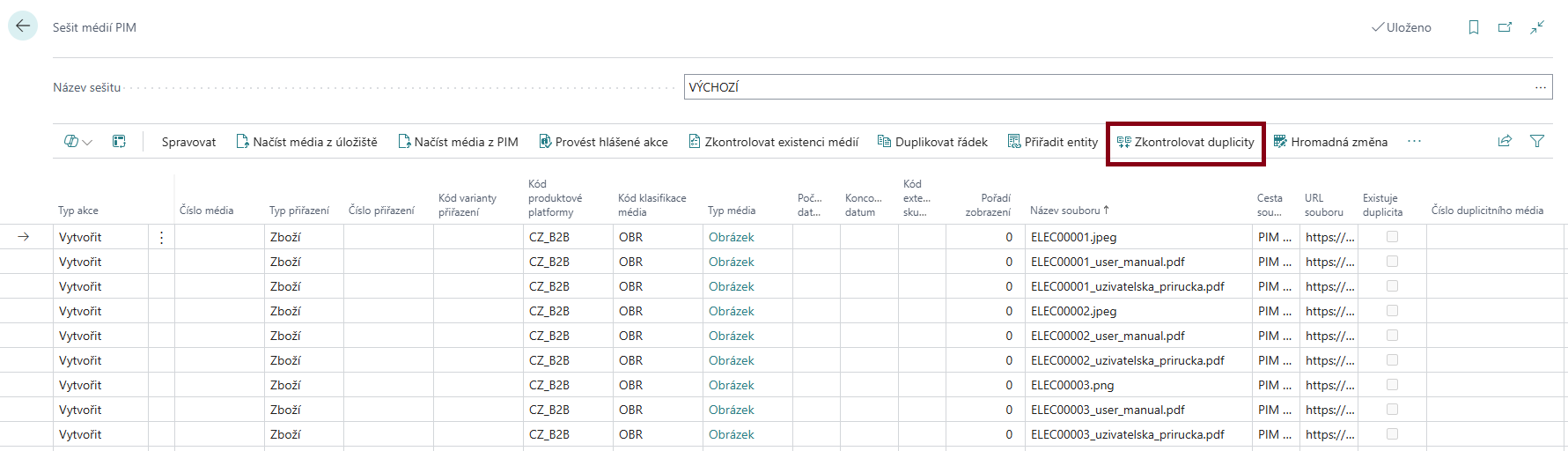 Akce Duplikovat řádek