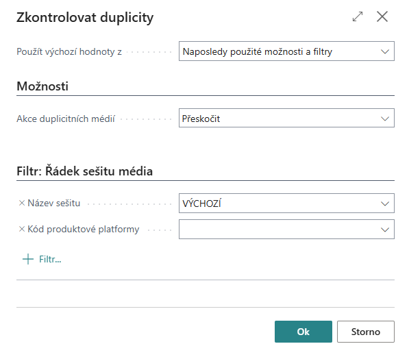 Dialog akce Duplikovat řádek