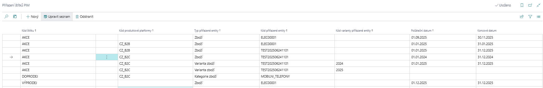 PIM Štítky - Přiřazení PIM štítků seznam