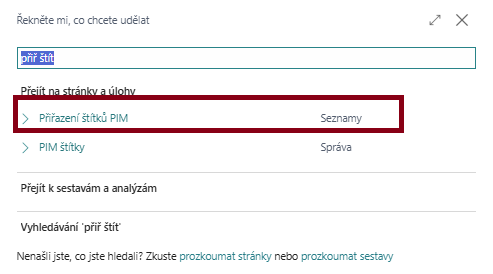 PIM Štítky - Přiřazení PIM štítků