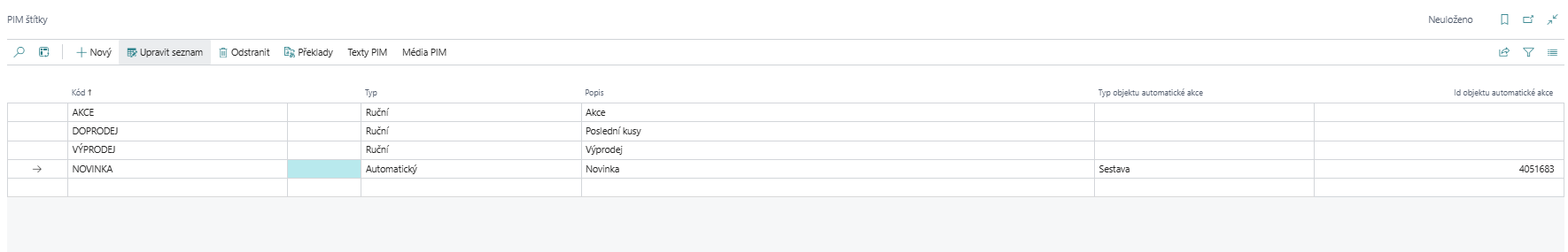 PIM Štítky - seznam štítků