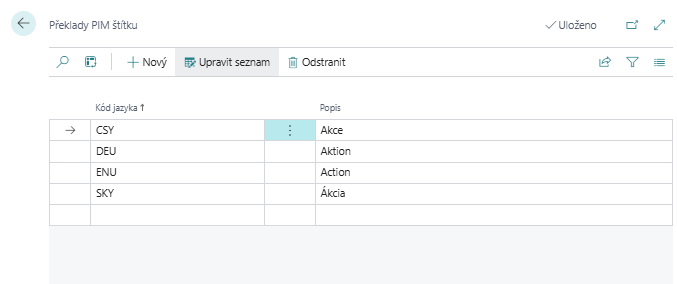 PIM Štítky - seznam překladů štítků