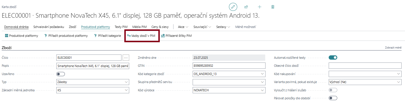 Vazby mezi entitami - akce karta Zboží