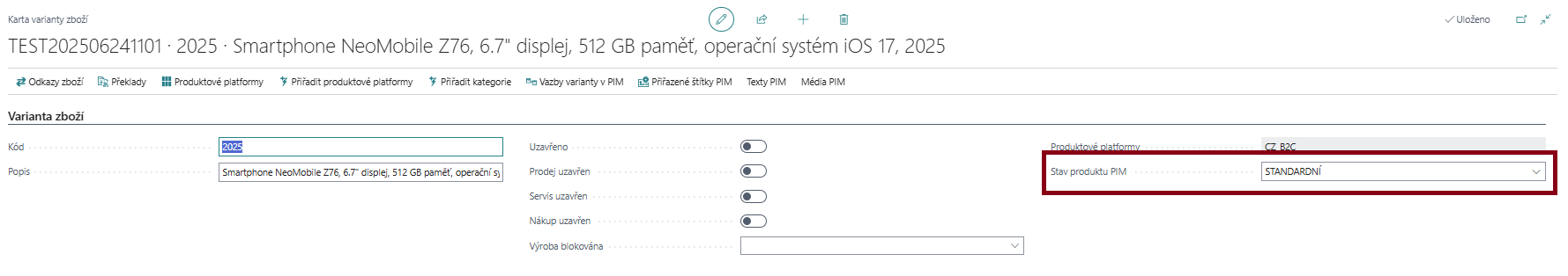 Stav produktu na variantě zboží