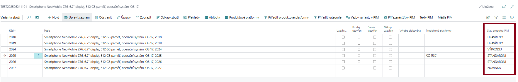 Stav produktu v přehledu variant zboží