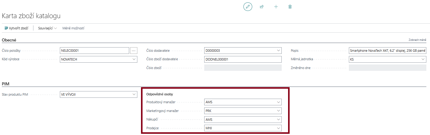 Odpovědné osoby na kartě zboží katalogu