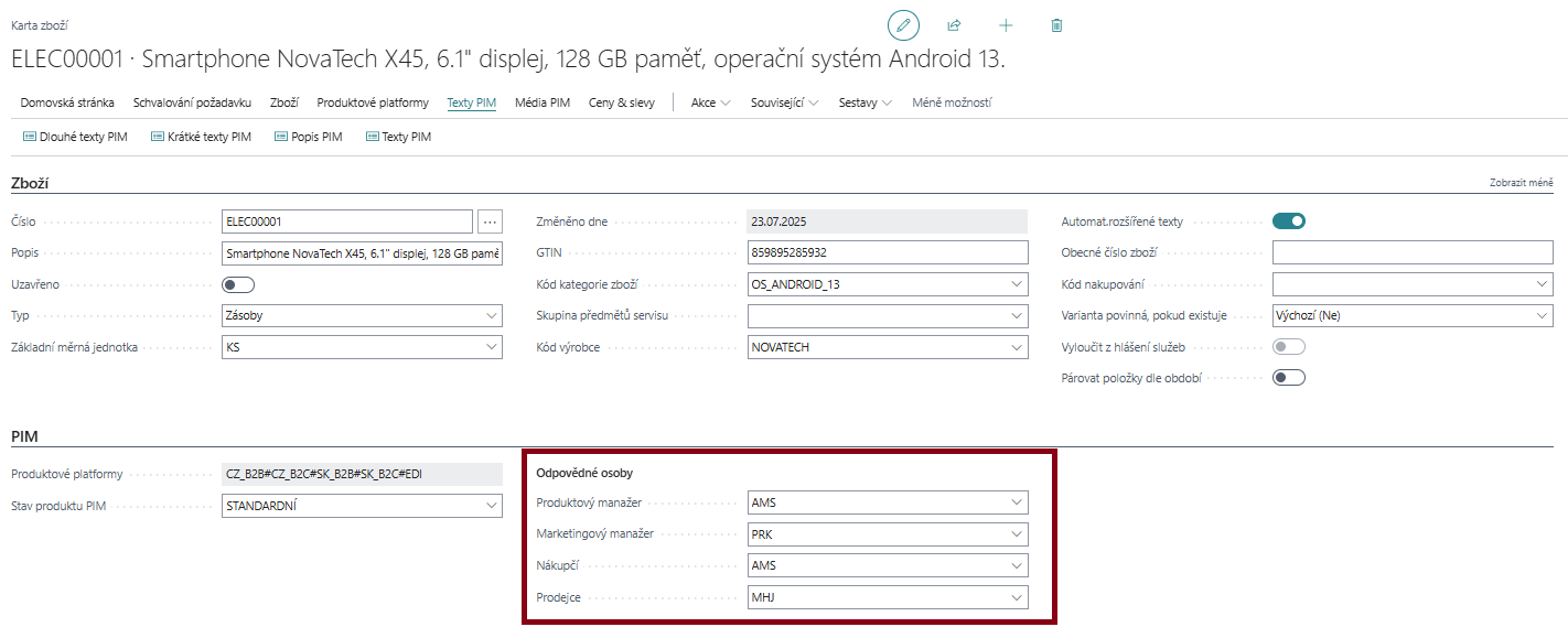 Odpovědné osoby na kartě zboží