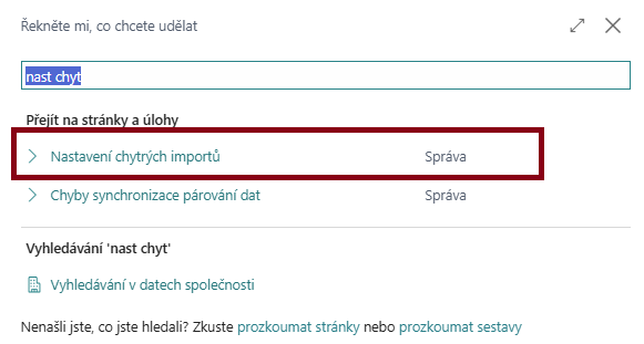Nastavení chytrých importů - menu BC