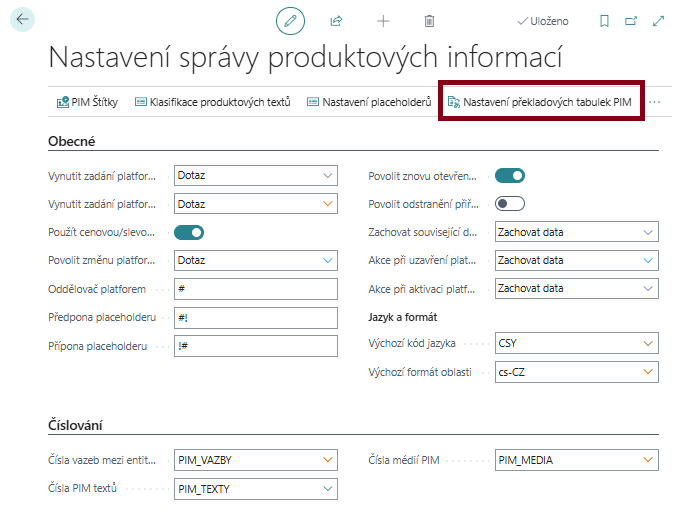 Nastavení překladových tabulek pro PIM - akce