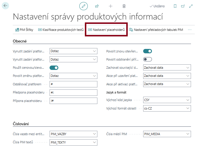 Nastavení placeholderů z nastavení správy produktových informací