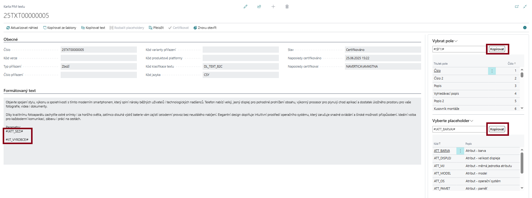 Zadávání textu PIM šablony