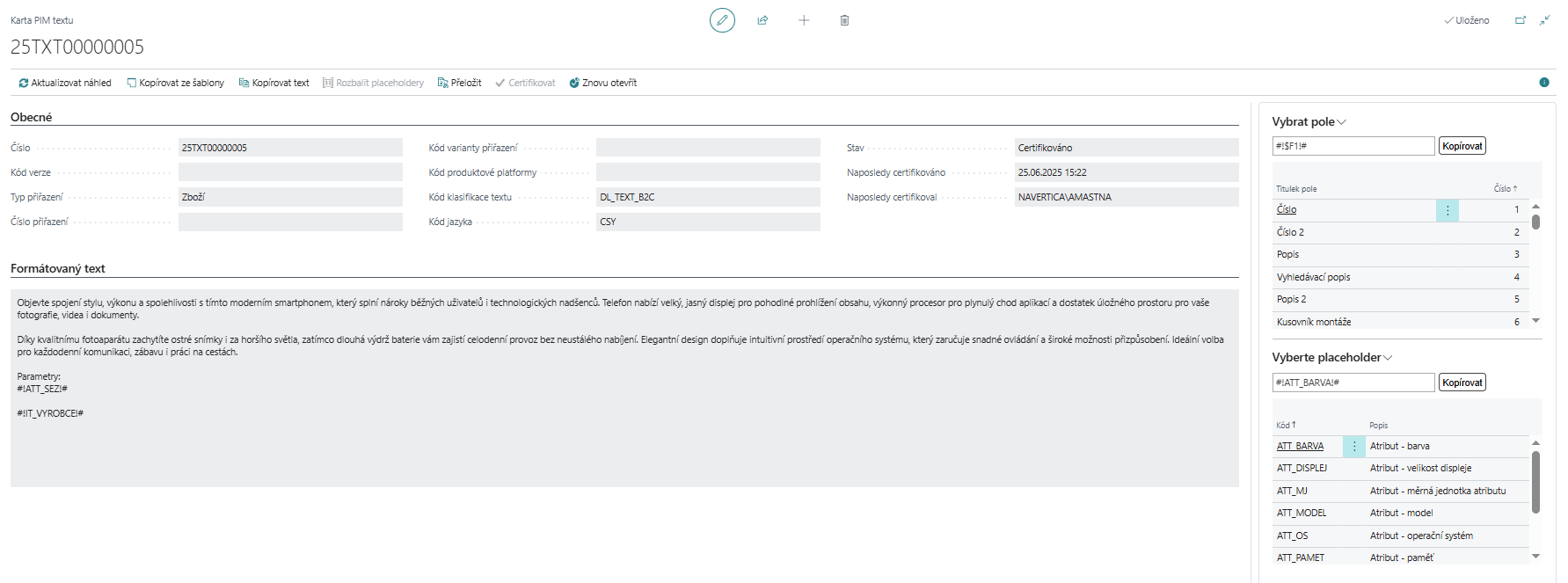 Zadávání textu PIM šablony