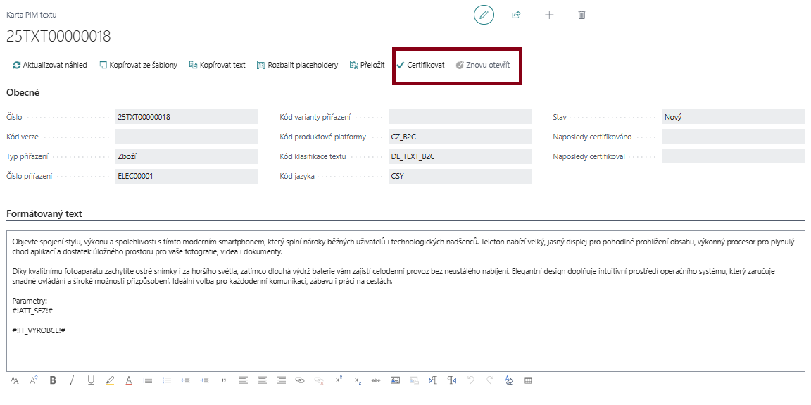 Certifikovat/Znovu otevřít produktový text