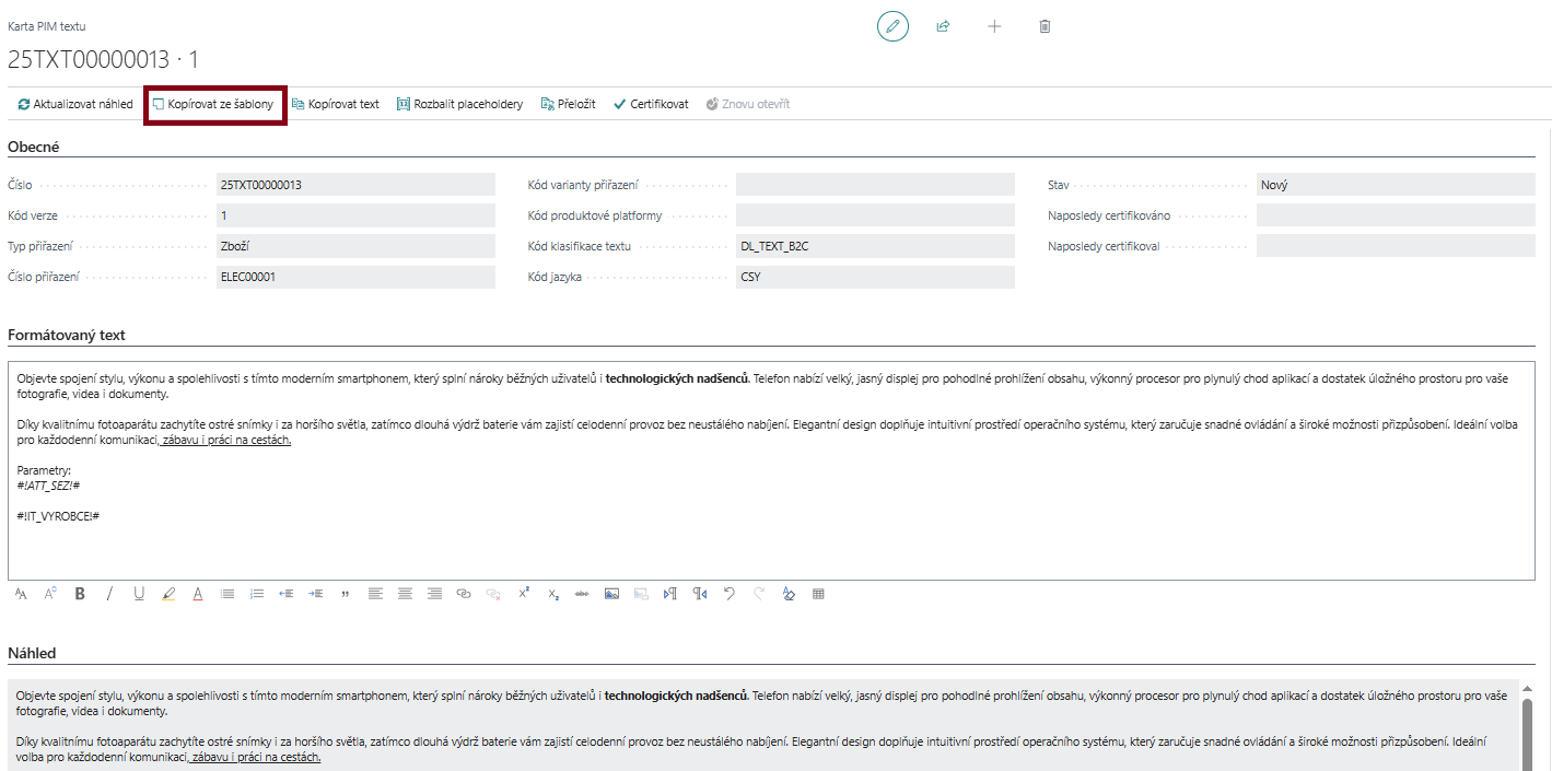 Kopírovat ze šablony PIM textu