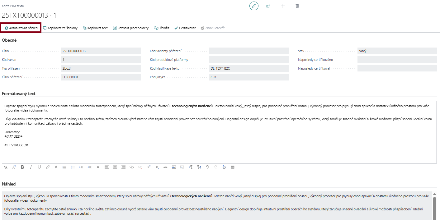 Aktualizace náhledu PIM textu