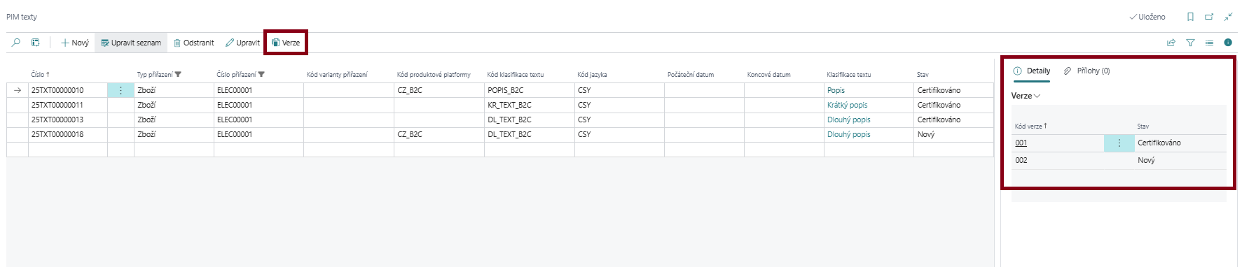 Verze produktových textů - akce