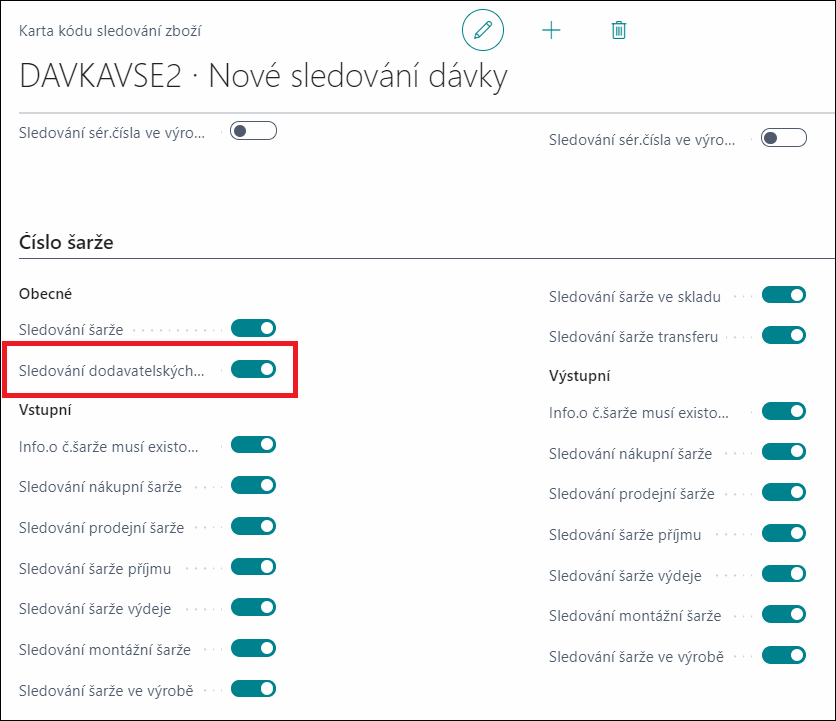 Nastavení vyžadování dodavatelské šarže