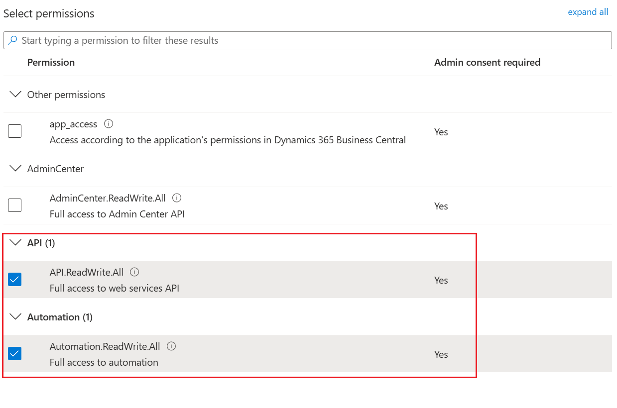 Selecting API and Automation permissions