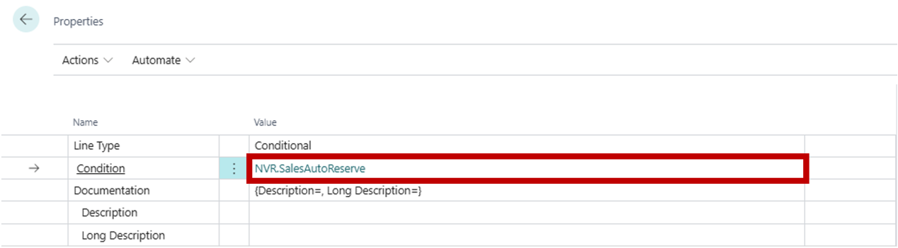 Condition selection in the Properties window
