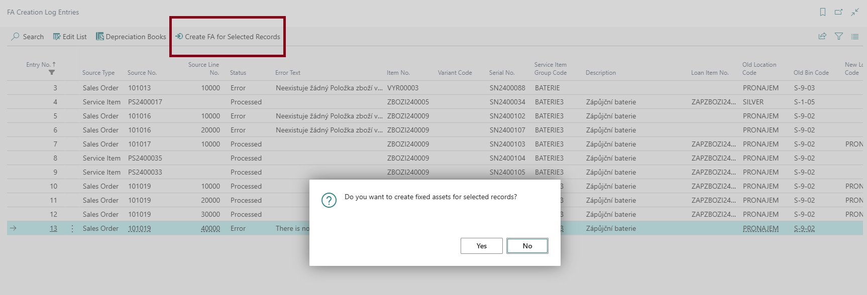 FA Creation Log Entries - Confirmation