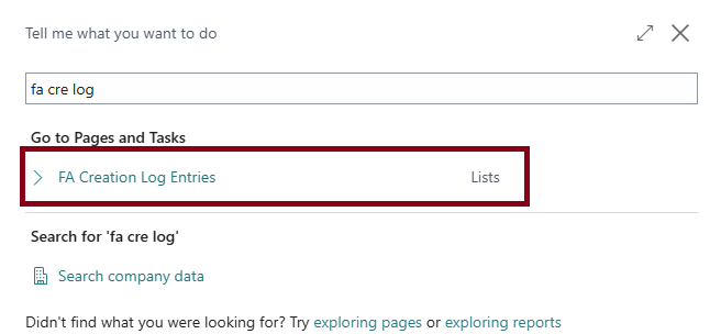 FA Creation Log Entries in BC Menu