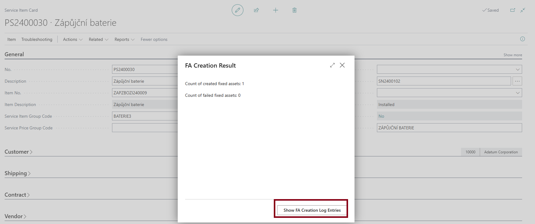Create Fixed Asset - Fixed Asset Creation Result