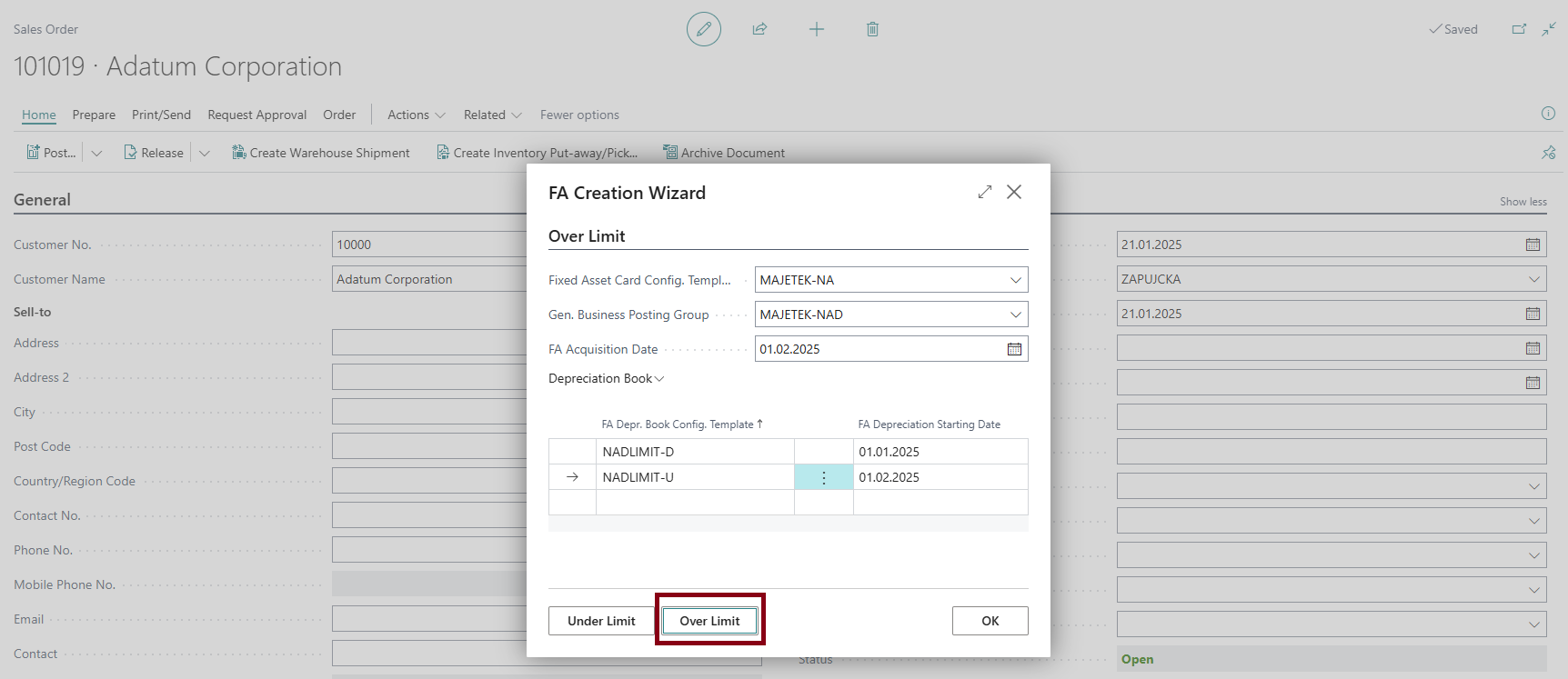 Create Fixed Asset - Bulk Creation Over Limit Setup