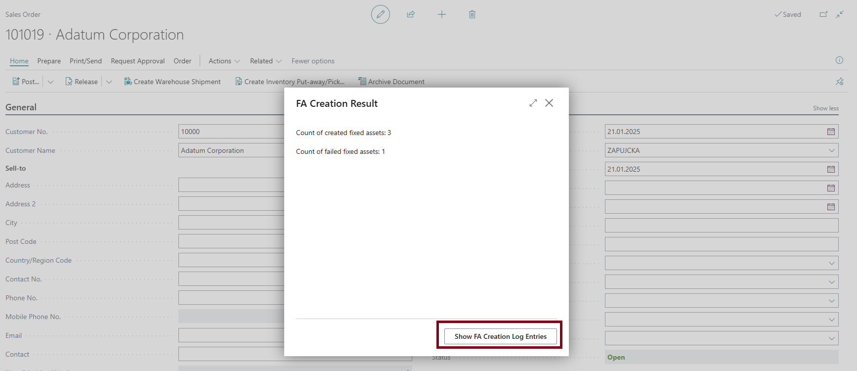 Create Fixed Asset - Bulk Creation Results