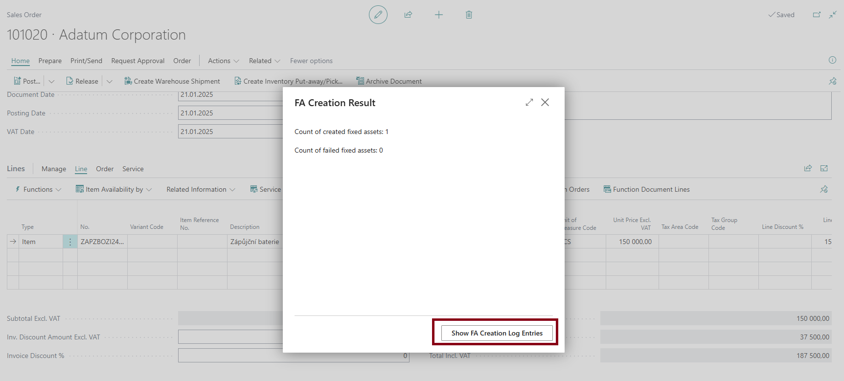 Create Fixed Asset - Fixed Asset Creation Result Sales Order