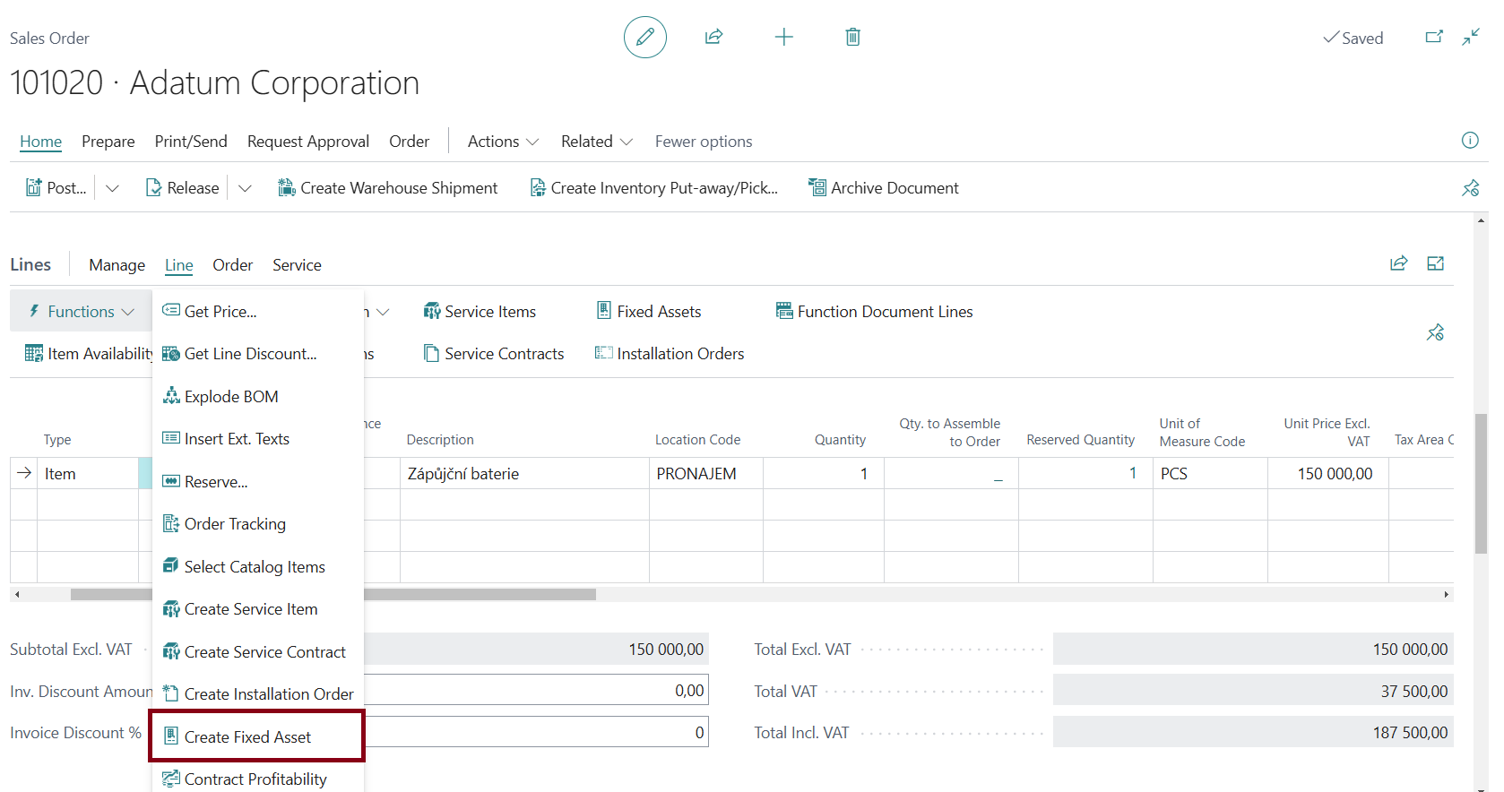Create Fixed Asset - Sales Line