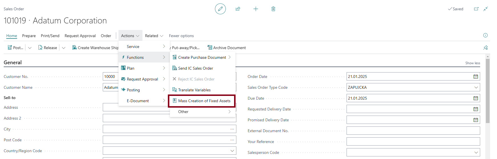 Create Fixed Asset - Sales Header Bulk Action