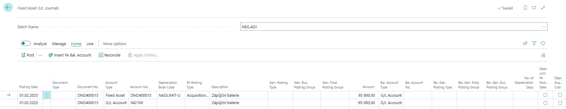 FA Created - Fixed Asset G/L Journal