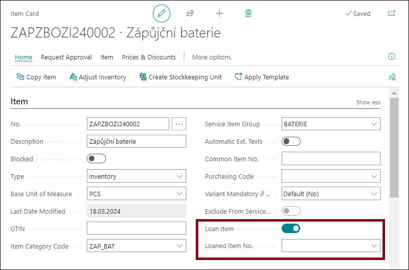 Loan Item Fields on Item Card
