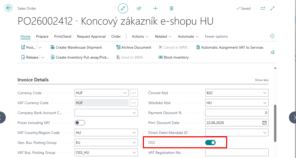 Sales Order — OSS field visible in the header