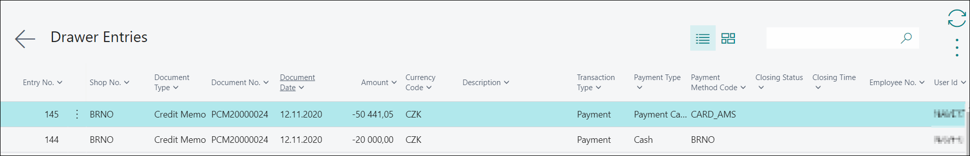 Credit Memo Drawwer Entries