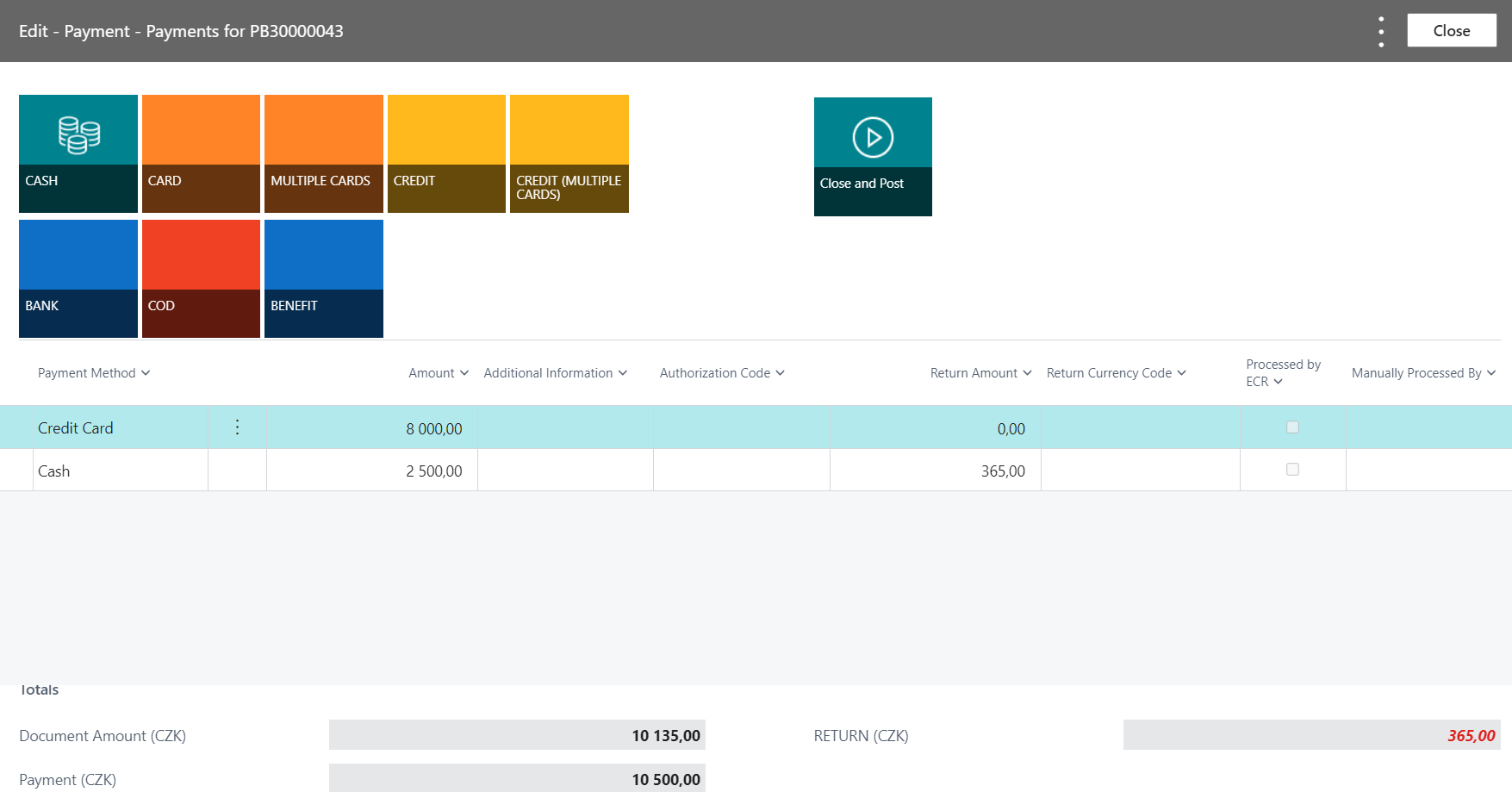 Payments overview with the calculated amounts to return