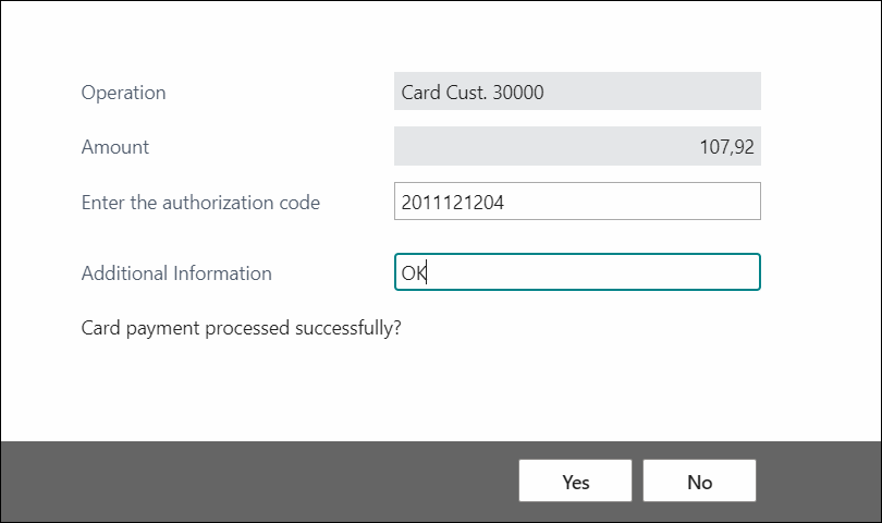 Card Payment Authorization Code Dialogue